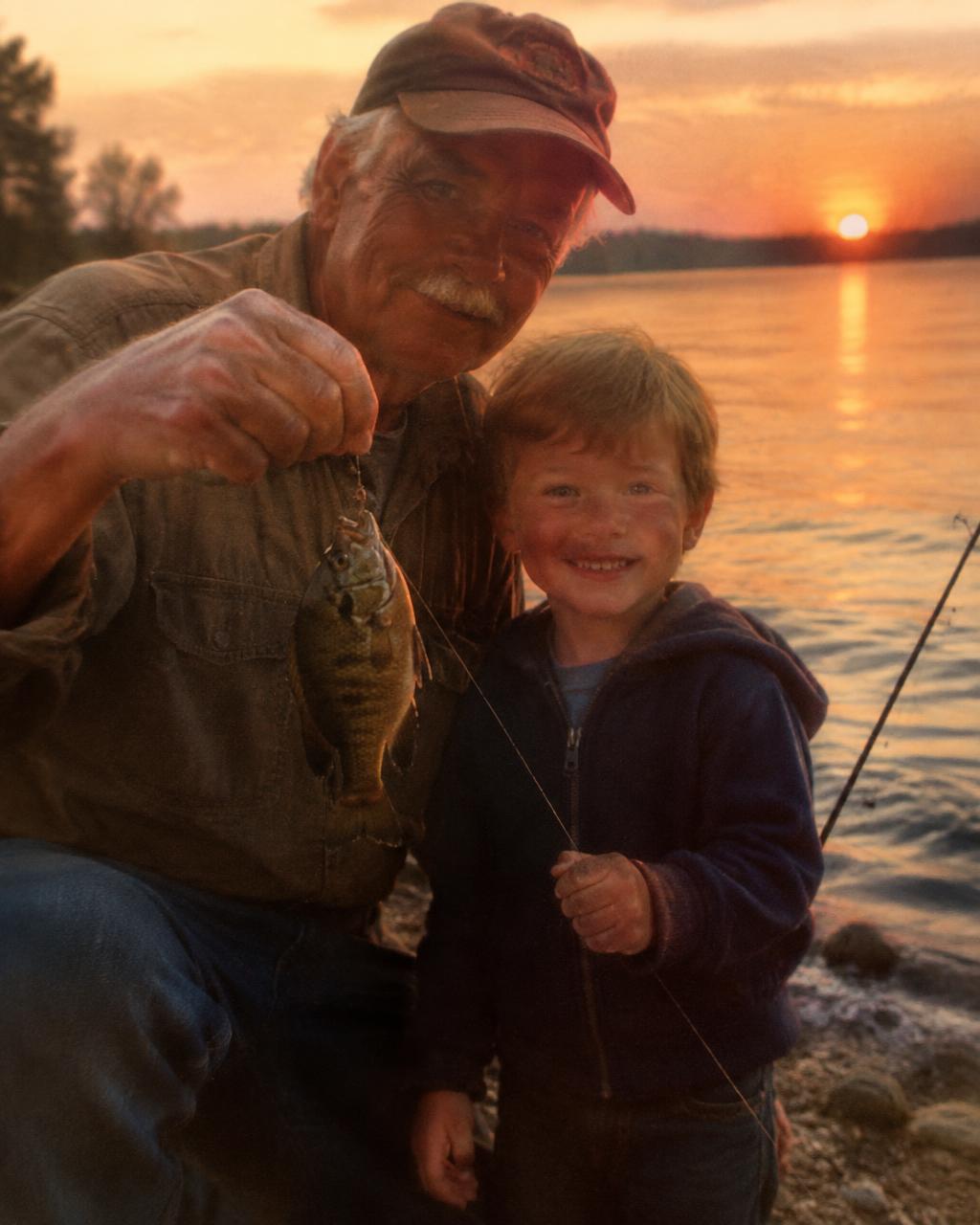 Grandfather and grandchild holding a sunfish
